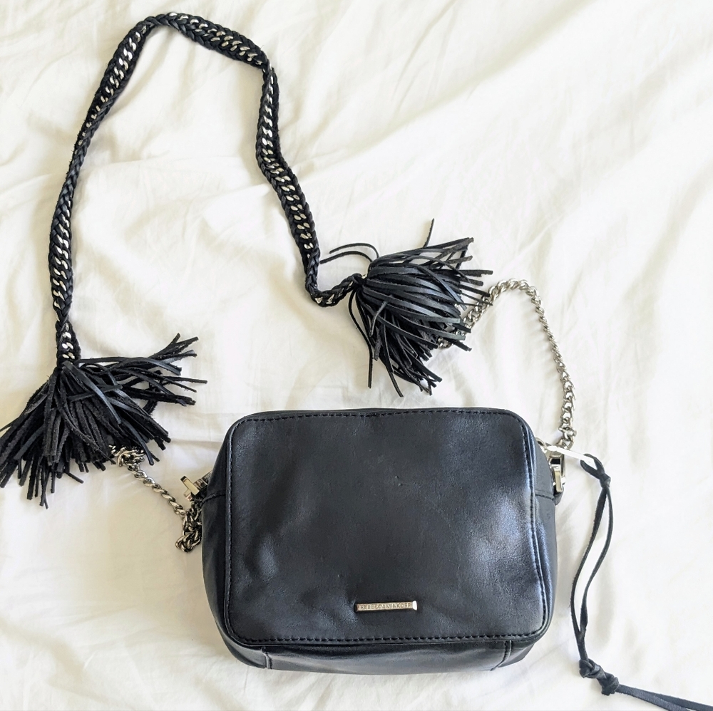Rebecca Minkoff Chase Camera Crossbody Bag with Chain + Tassels, Black Leather